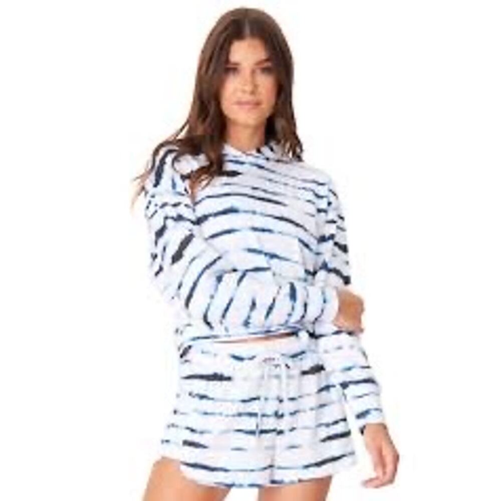 Onzie Women's After Yoga Hoodie M/L White Blue Tie Dye Retro Comfy Cozy NWT